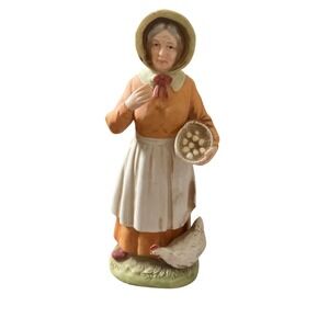 Vintage Porcelain Figurine Woman Farmer Holding‎ Basket Eggs Chicken Farmhouse